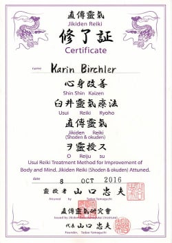 Sawah Certificate Jikiden Reiki Shoden and Okuden